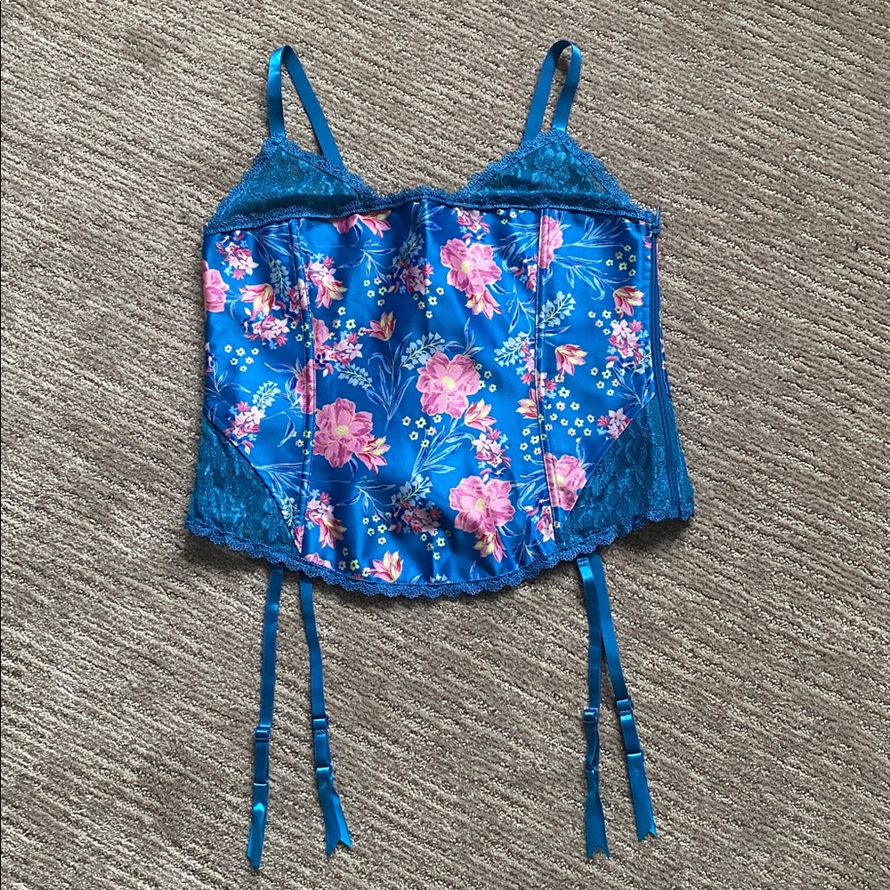 Adore Me Zoie Blue Floral Lace Corset with Garter Straps